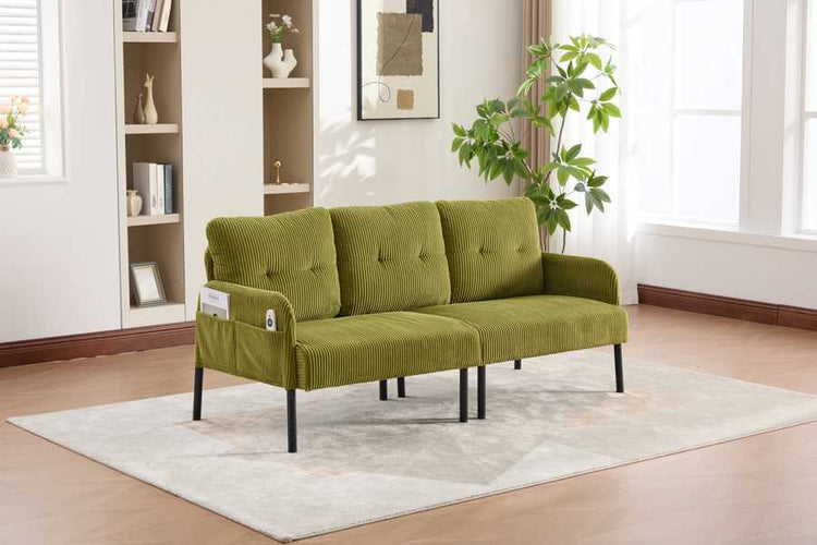 Green sofa in a room with a bookshelf and plants