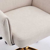 Close-up of white corduroy seat cushion on ergonomic office chair with golden base, highlighting soft texture and comfort.