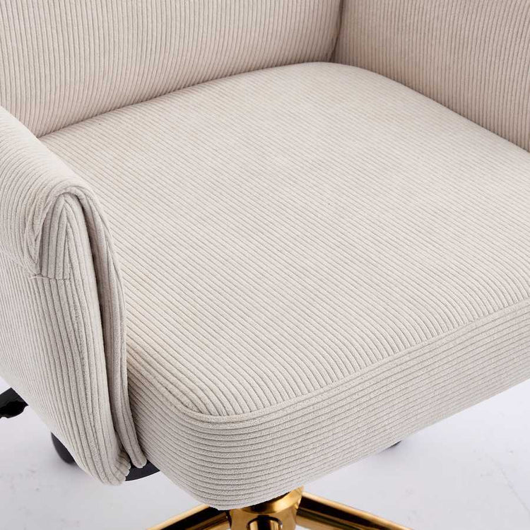 Close-up of white corduroy seat cushion on ergonomic office chair with golden base, highlighting soft texture and comfort.