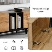 Close-up of modern TV stand storage compartments showing versatile shelving for books, games, and decor items.