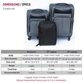 Set of gray suitcases and a black backpack with dimensions and specifications on a white background.
