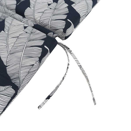 Navy blue fabric with white leaf pattern and a silver headband on a white background