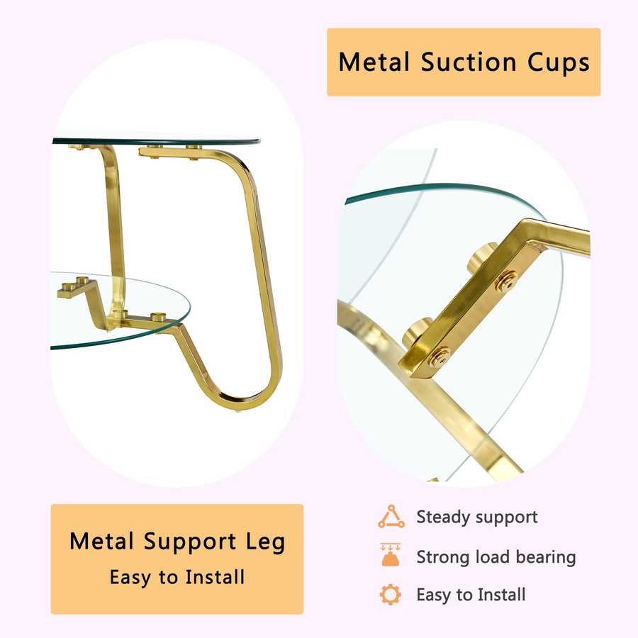 Close-up of vintage coffee table's gold metal legs and suction cup glass supports, emphasizing easy installation.