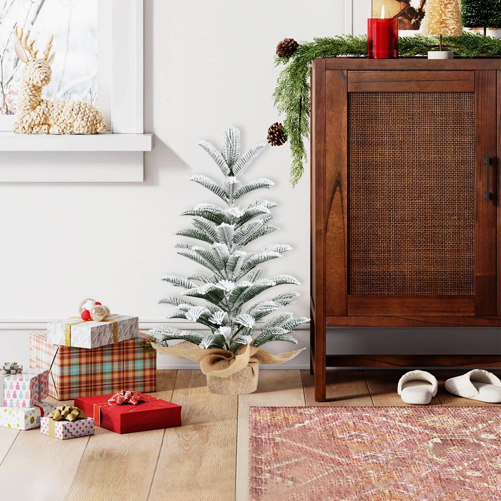 50CM Flocked Tabletop Christmas Tree, Full PE Snowy Mini Tree with 85 Tips, Cement Burlap Base – Small Winter Holiday Decor for Home, Office, Desk or Gifts