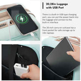 A collage showing a light aqua carry-on suitcase with a built-in USB charging port. The top-left panel shows a phone connected to the port, with text explaining the USB port.