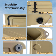 Beige cooler with features highlighted on a blue background