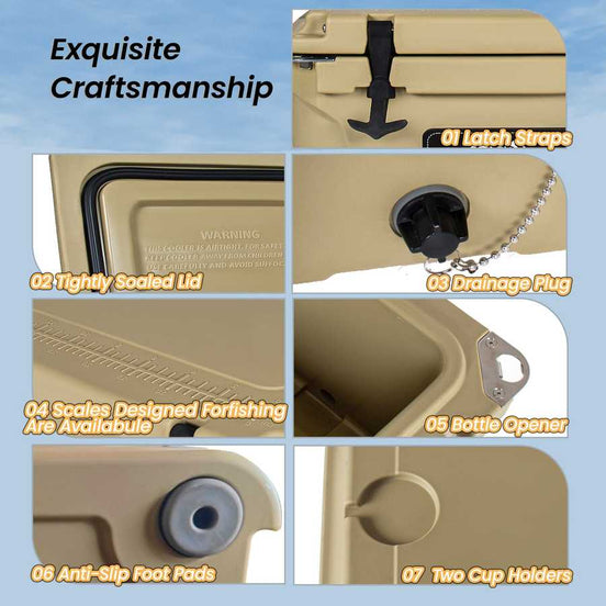 Beige cooler with features highlighted on a blue background