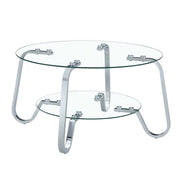 Standalone view of Vintage Metal Frame Glass Coffee Table 31.5'' with dual glass tiers and chrome-finished curved legs.