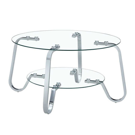 Standalone view of Vintage Metal Frame Glass Coffee Table 31.5'' with dual glass tiers and chrome-finished curved legs.
