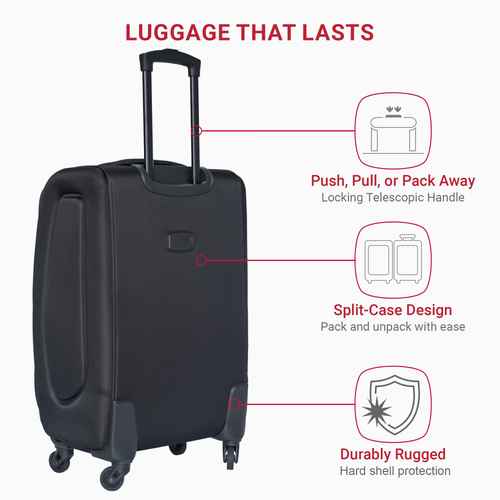 Black suitcase with features highlighted on a white background