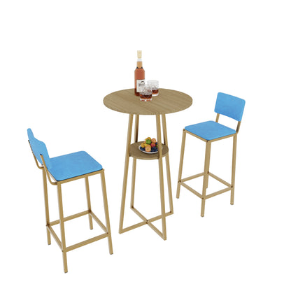 Bar Table and Chairs Set - Gold Frame, Storage Function | Dining Set for 2 with blue cushioned stools and mid-table shelf for added storage.
