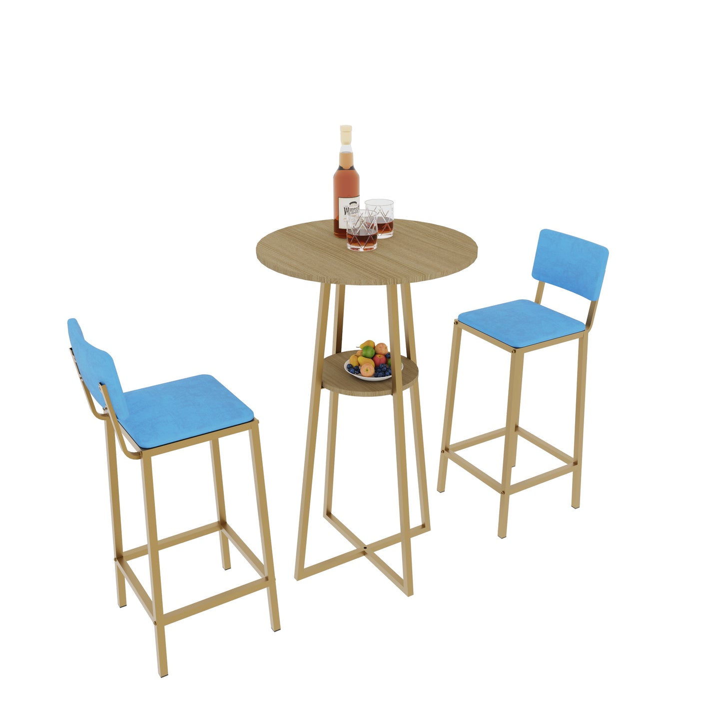 Bar Table and Chairs Set - Gold Frame, Storage Function | Dining Set for 2 with blue seats and compact round table, ideal for small dining areas.
