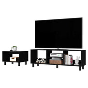 Chic Hoven Living Room Set with TV rack and coffee table styled with decor, books, and electronics for a modern entertainment center.