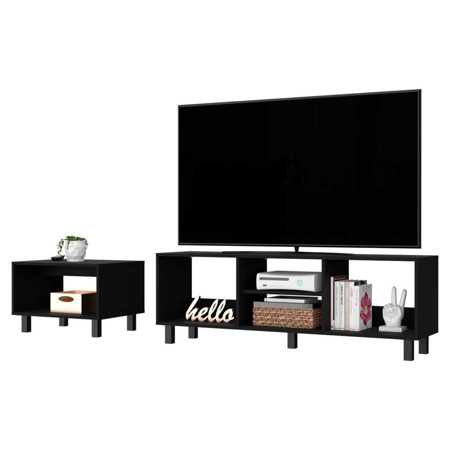 Chic Hoven Living Room Set with TV rack and coffee table styled with decor, books, and electronics for a modern entertainment center.
