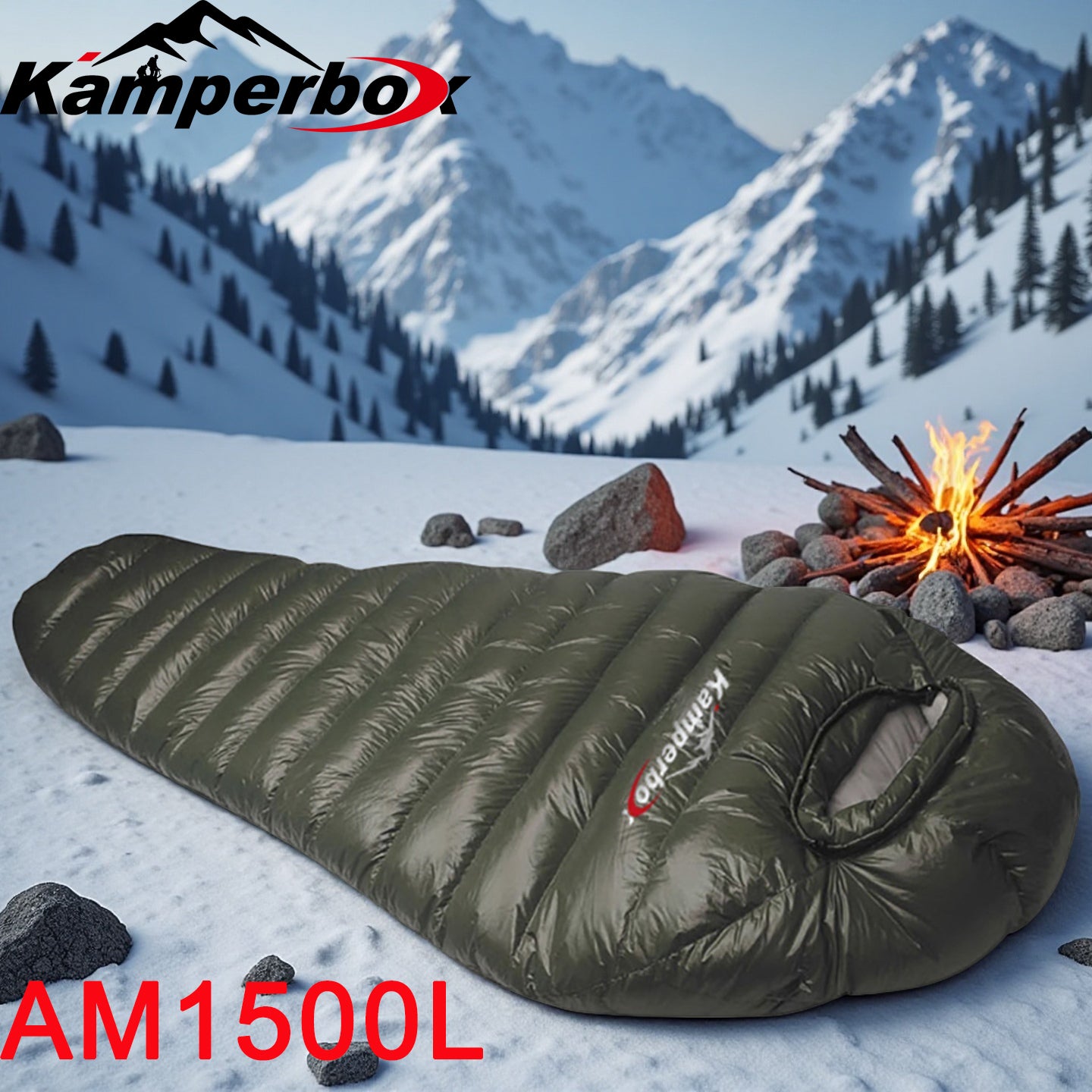 Winter sleeping bag set up in snowy mountain campsite with campfire, waterproof and insulated for extreme cold conditions.