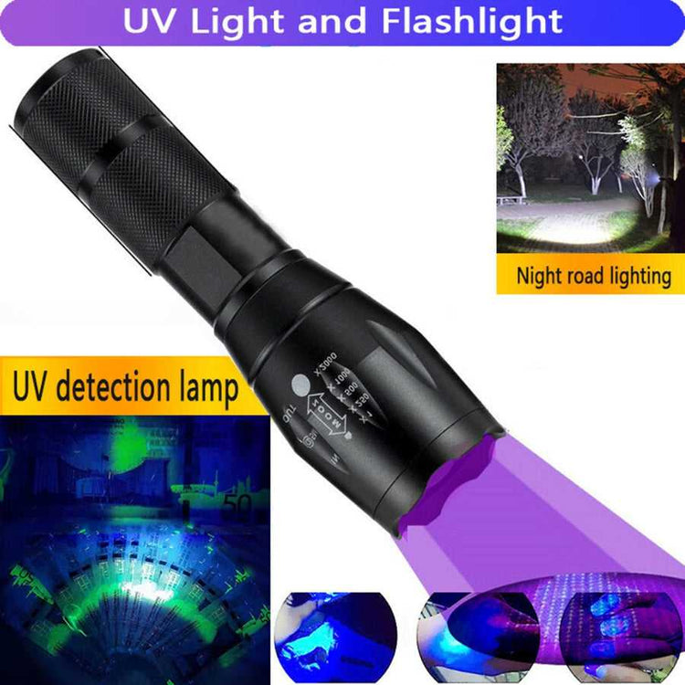 LED UV Flashlight Detection Lamp with dual UV and flashlight modes for night road lighting and UV detection tasks.