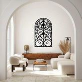 Gothic arch wall art with antique window frame design in modern living room