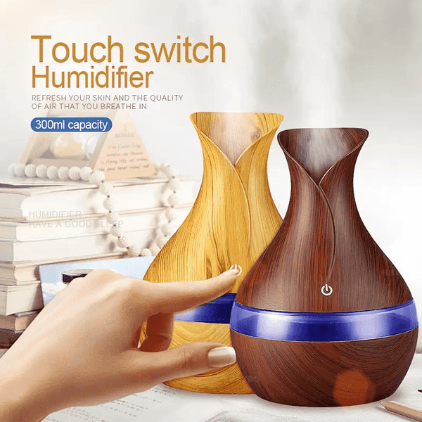 Wooden humidifier with touch switch on a white background