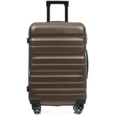 Front view of brown 24-inch hardshell luggage with horizontal ridges, four spinner wheels, and telescoping handle for travel