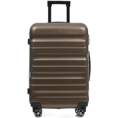 Front view of brown 24-inch hardshell luggage with horizontal ridges, four spinner wheels, and telescoping handle for travel