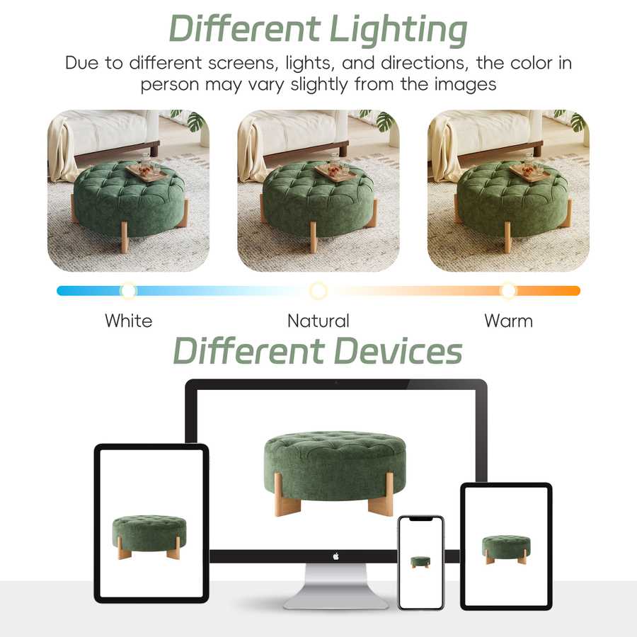 Green ottoman on a white background with text about lighting and device differences.