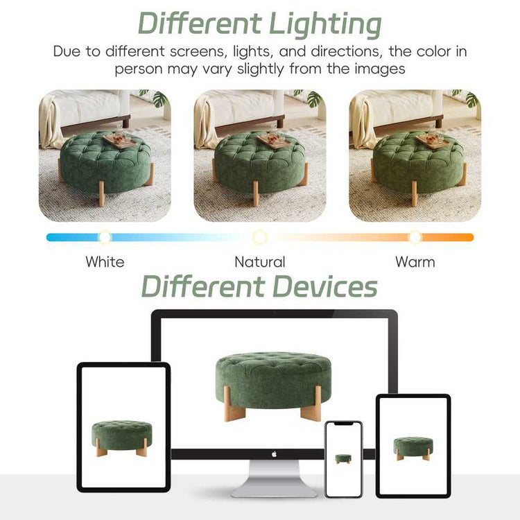 Green ottoman on a white background with text about lighting and device differences.
