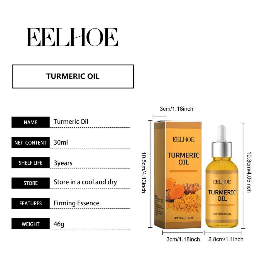 EELHOE Turmeric Oil product listing graphic on a white background, showing the bottle and box with dimensions, plus text listing name, net content 30ml, shelf life 3 years, storage instructions, features, and weight 46g.