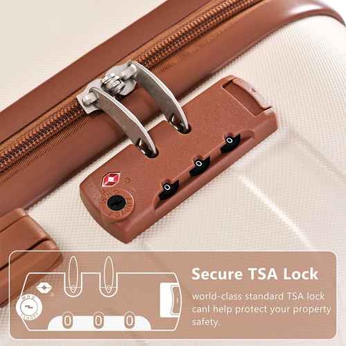 Close-up of a brown suitcase with a TSA lock mechanism on a beige background.