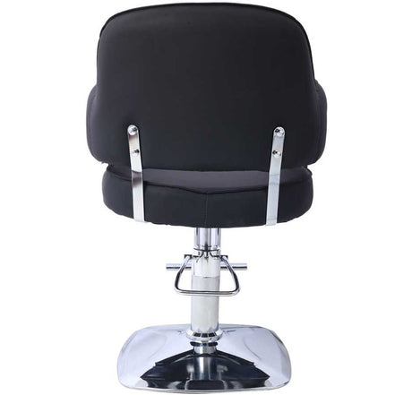 Back view of Heavy Duty Salon Styling Chair in black with chrome support bars and sturdy base for professional salon use.