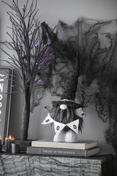 Decorative Halloween gnome with a banner on books, surrounded by Halloween decorations.