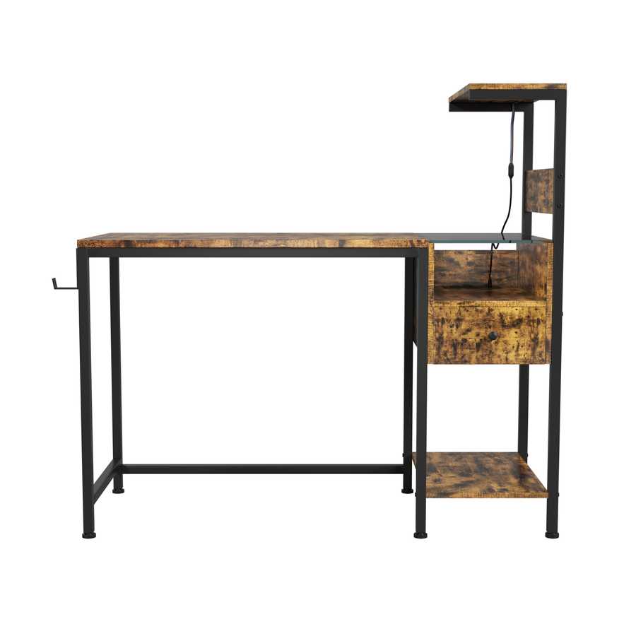 Side profile of rustic wood computer desk with metal frame and storage shelves, ideal for compact home office spaces.