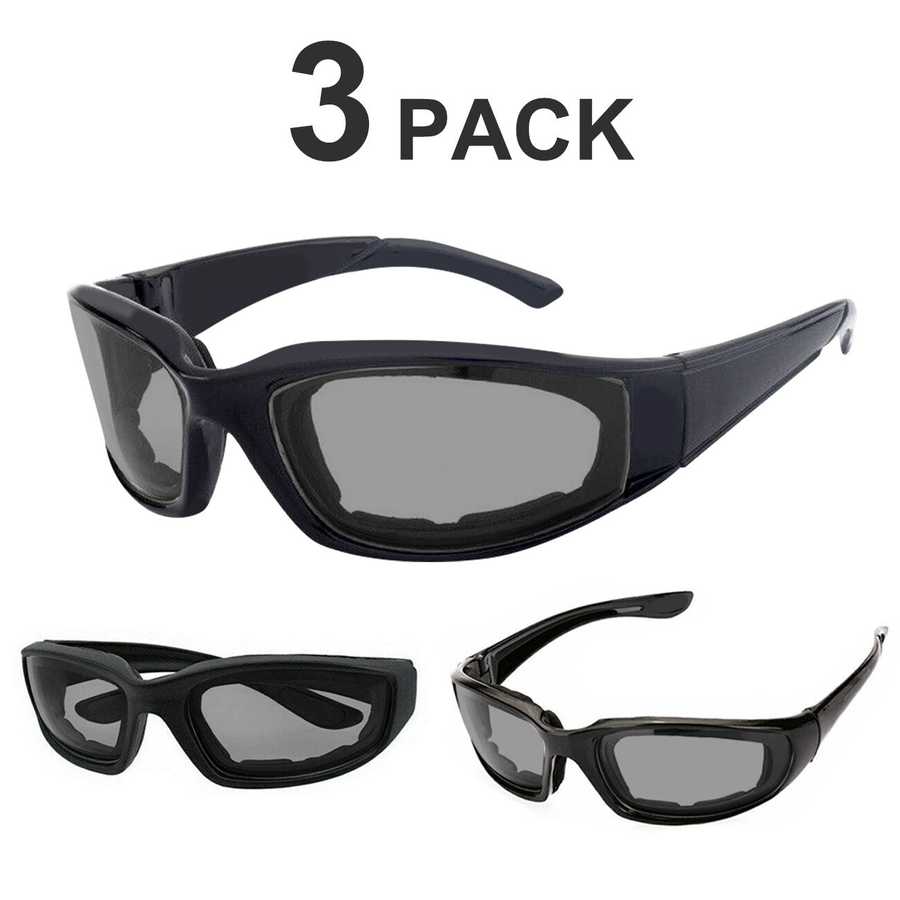 Three pairs of black sunglasses with gray lenses on a white background, labeled &