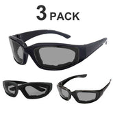 Three pairs of black sunglasses with gray lenses on a white background, labeled &