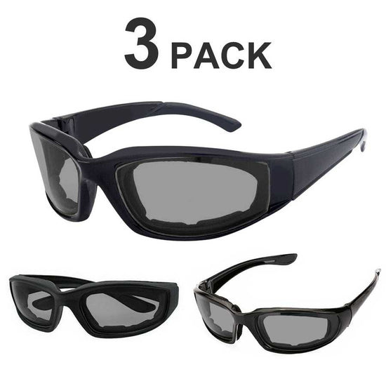 Three pairs of black sunglasses with gray lenses on a white background, labeled &