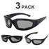 Three pairs of black sunglasses with gray lenses on a white background, labeled &