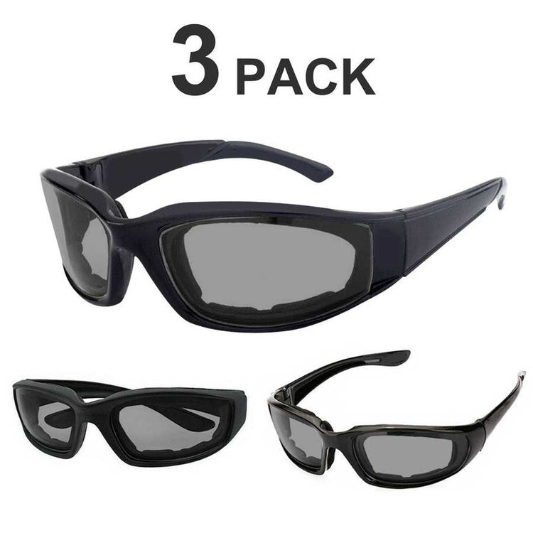 Three pairs of black sunglasses with gray lenses on a white background, labeled &