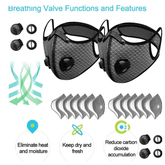 Black face mask with breathing valve components and filter icons on a white background