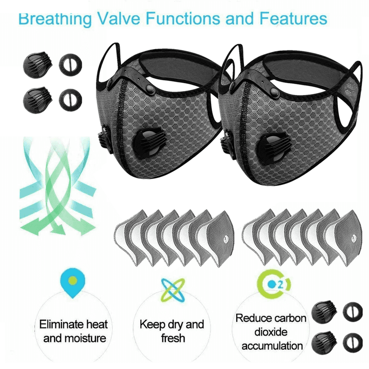 Black face mask with breathing valve components and filter icons on a white background