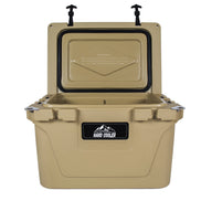 Beige cooler with open lid on a white background
