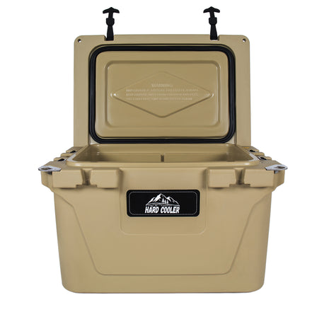 Beige cooler with open lid on a white background