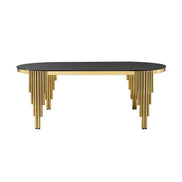 Front view of 79.53 in. oval dining table featuring black glass top and decorative gold stainless steel legs.