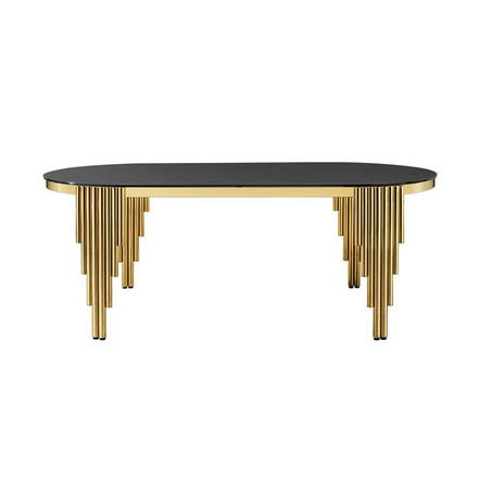 Front view of 79.53 in. oval dining table featuring black glass top and decorative gold stainless steel legs.