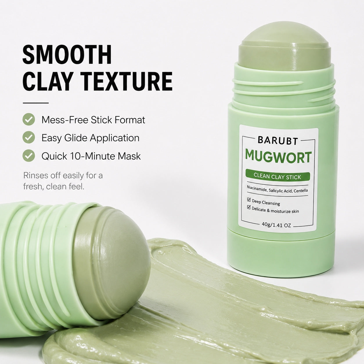 A light green clay stick mask shown on a clean white background, with one end lying down to reveal the textured clay stick and a smear of the mask in front. Text on the left reads &