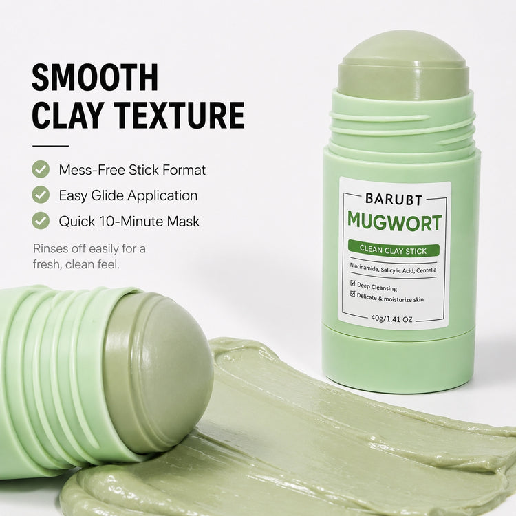 A light green clay stick mask shown on a clean white background, with one end lying down to reveal the textured clay stick and a smear of the mask in front. Text on the left reads &