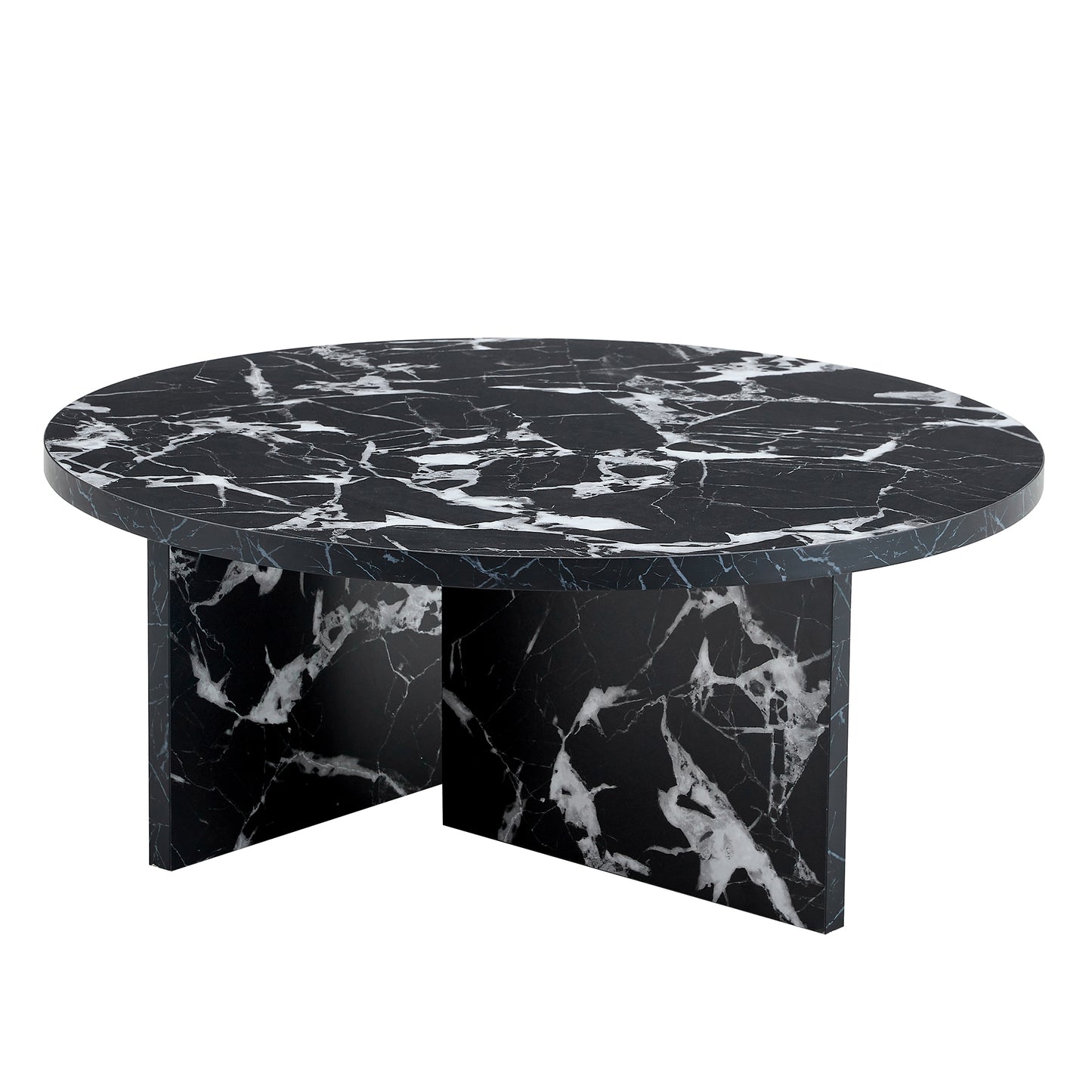 Black MDF round coffee table with modern minimalism design and faux marble finish, ideal for contemporary living rooms.