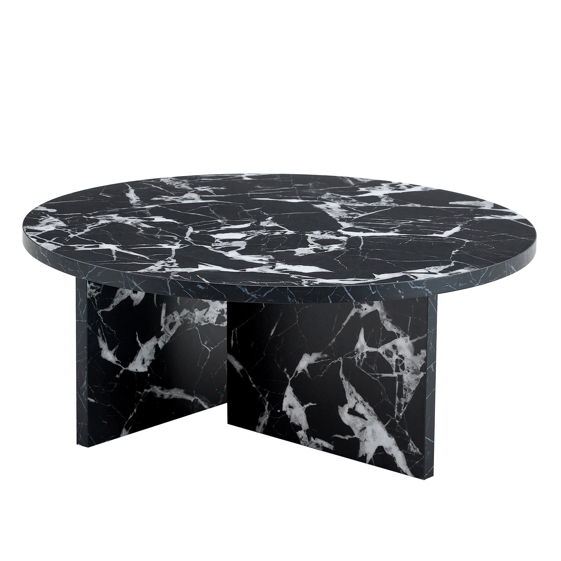 Black MDF round coffee table with modern minimalism design and faux marble finish, ideal for contemporary living rooms.