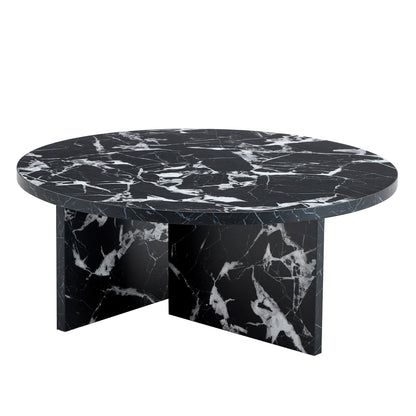 Black MDF round coffee table with modern minimalism design and faux marble finish, ideal for contemporary living rooms.