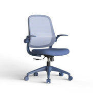 Blue office chair with mesh back on a white background