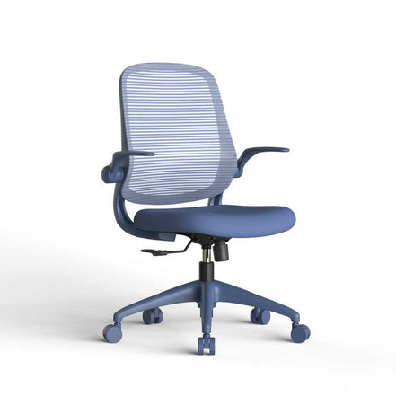 Blue office chair with mesh back on a white background