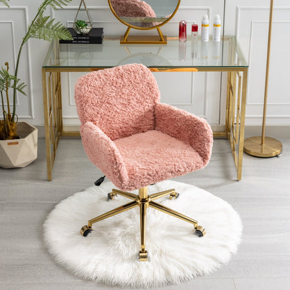 Furniture Office Chair,Artificial rabbit hair Home Office Chair with Golden Metal Base,Adjustable Desk Chair Swivel Office Chair,Vanity Chair(Pink)